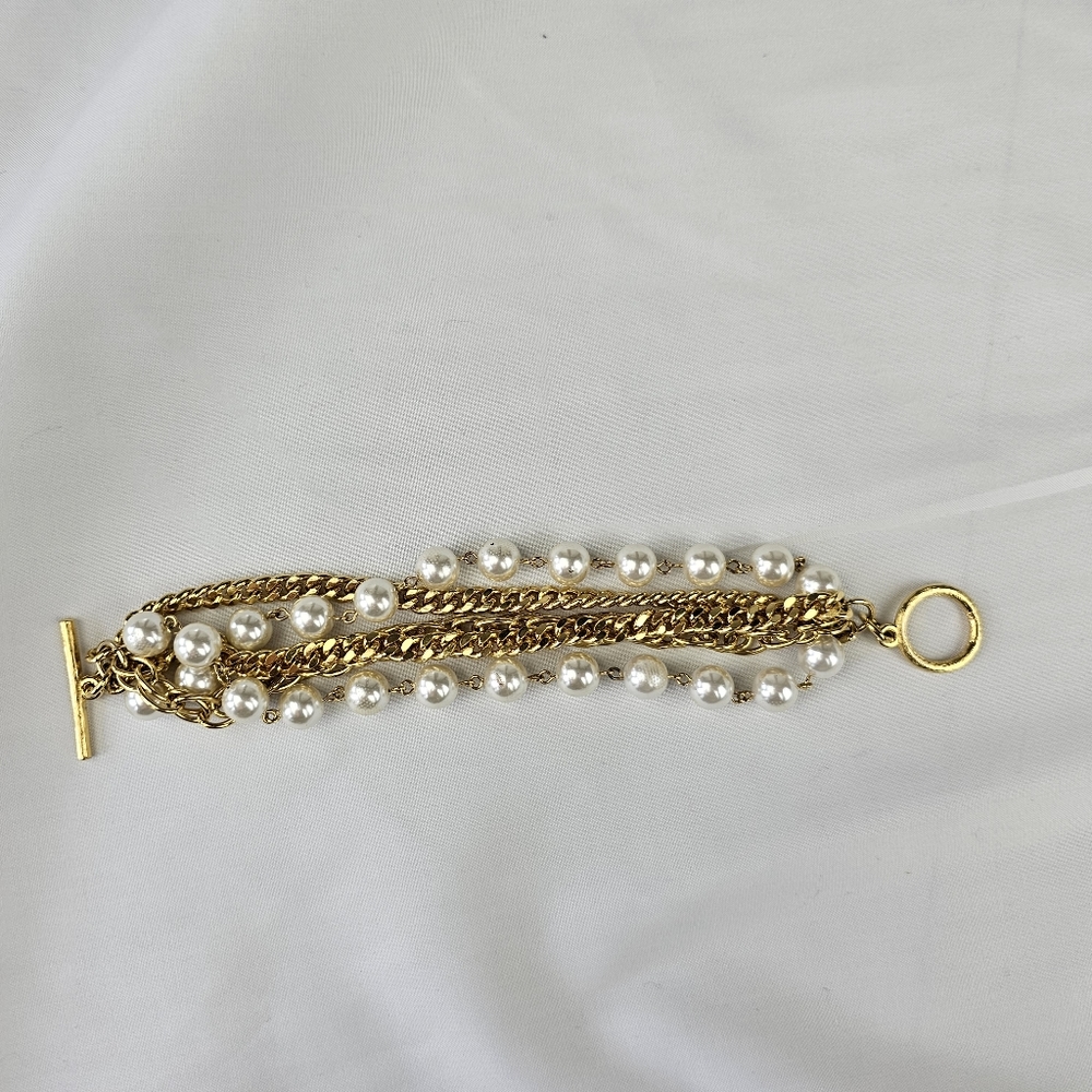 Chunky Gold Tone Faux Pearl Multilayer Bracelet with Toggle Clasp